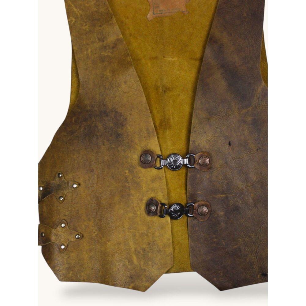 Vintage Handmade Leather Vest Distressed Western Boho Concho Vest Artisan Mexia - Picture 3 of 7